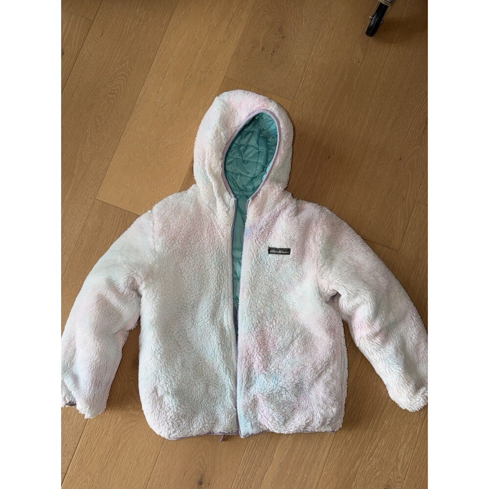Eddie Bauer Sherpa Puffer Jacket Hooded Insulated Reversible Teal Girl Small 7/8